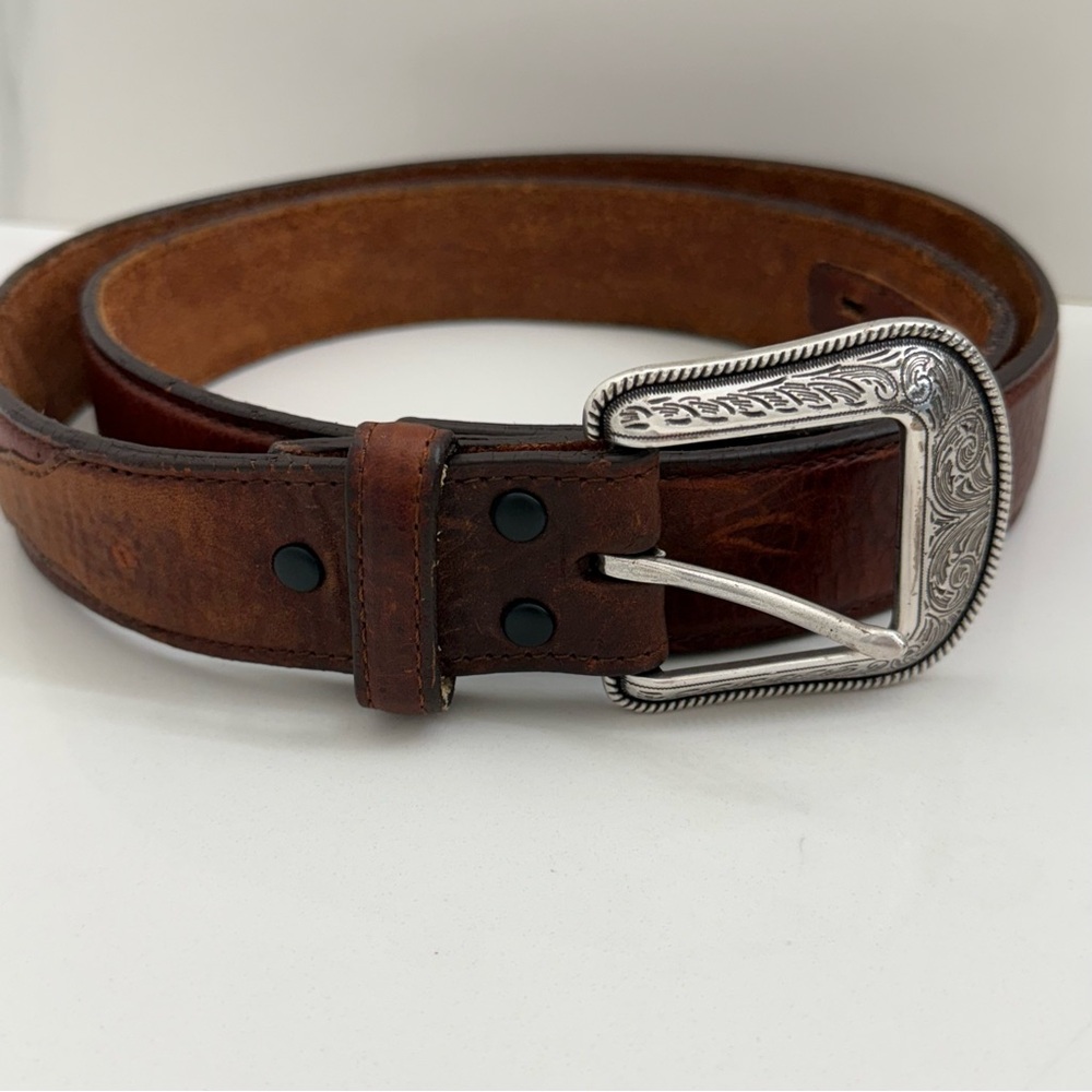 Men’s Belt Brown Leather Pebble Grain 3D with Ornate Silver Tone Buckle Size 42
